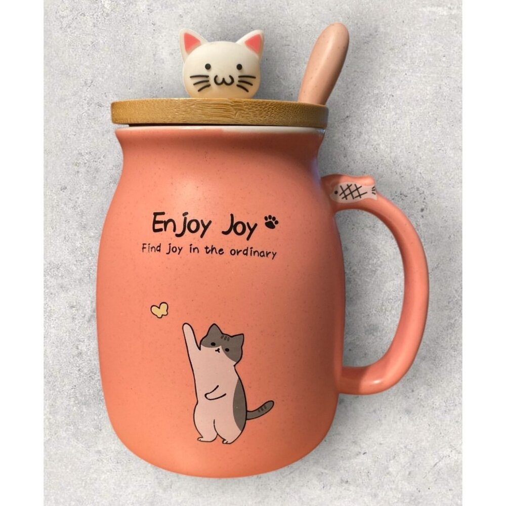 Feify Enjoy Joy Coffee/Tea Mug With Lid & Spoon Pink & White Cat Themed